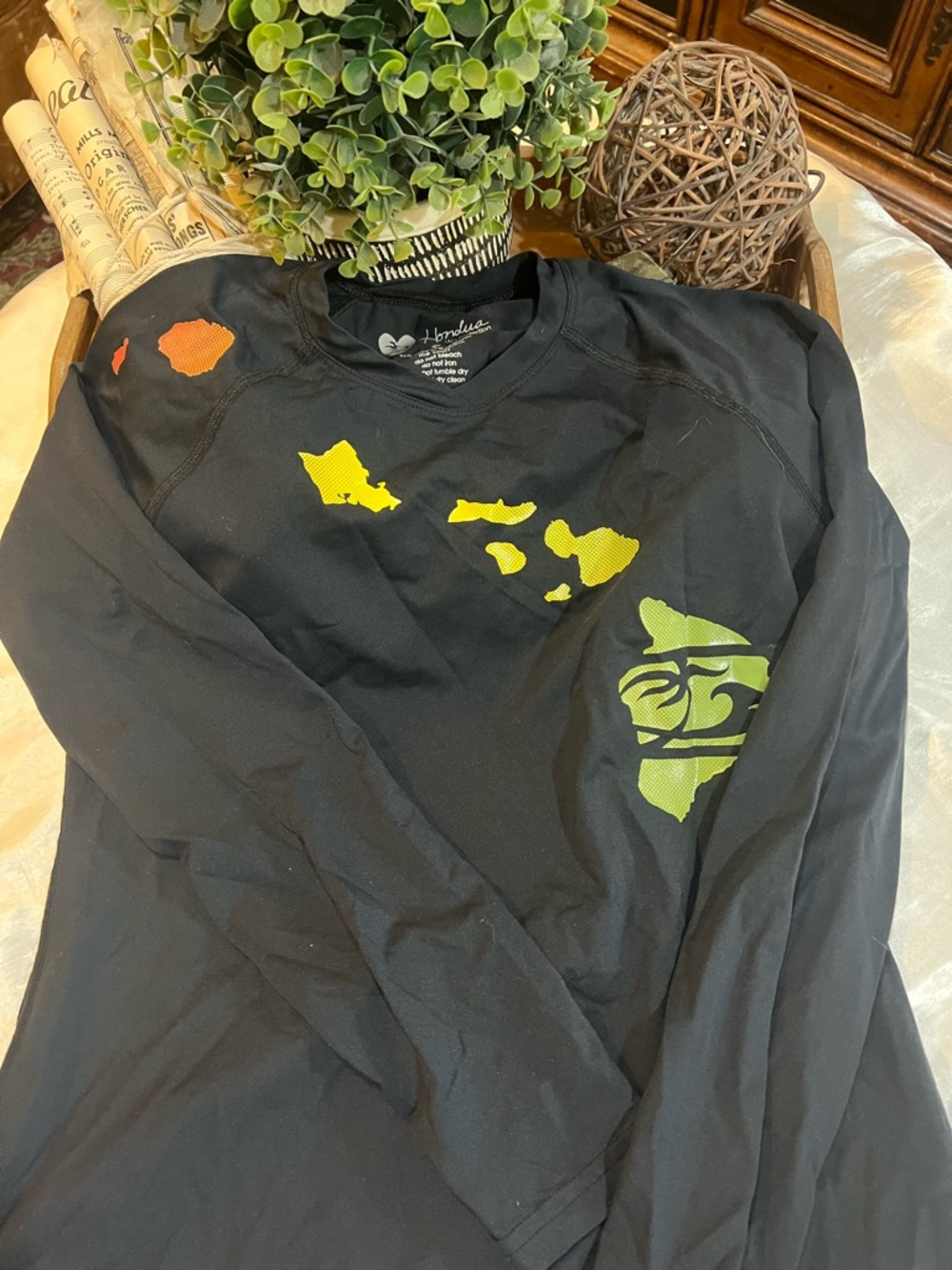 Kids Black Long-Sleeve Swim Rashguard with Yellow-Green Island Graphics